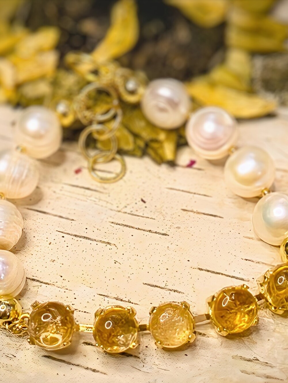 Genuine Yellow Citrine & Large Baroque Pearls In Trendy Gold Plated Bracelet